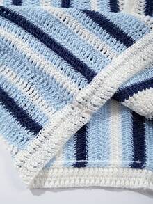 LOOKUN 春夏新款撞色条纹修身男女通用开衫，透气网眼面料，舒适翻领短袖轻薄针织上衣 - 淺藍色 - 查看 8