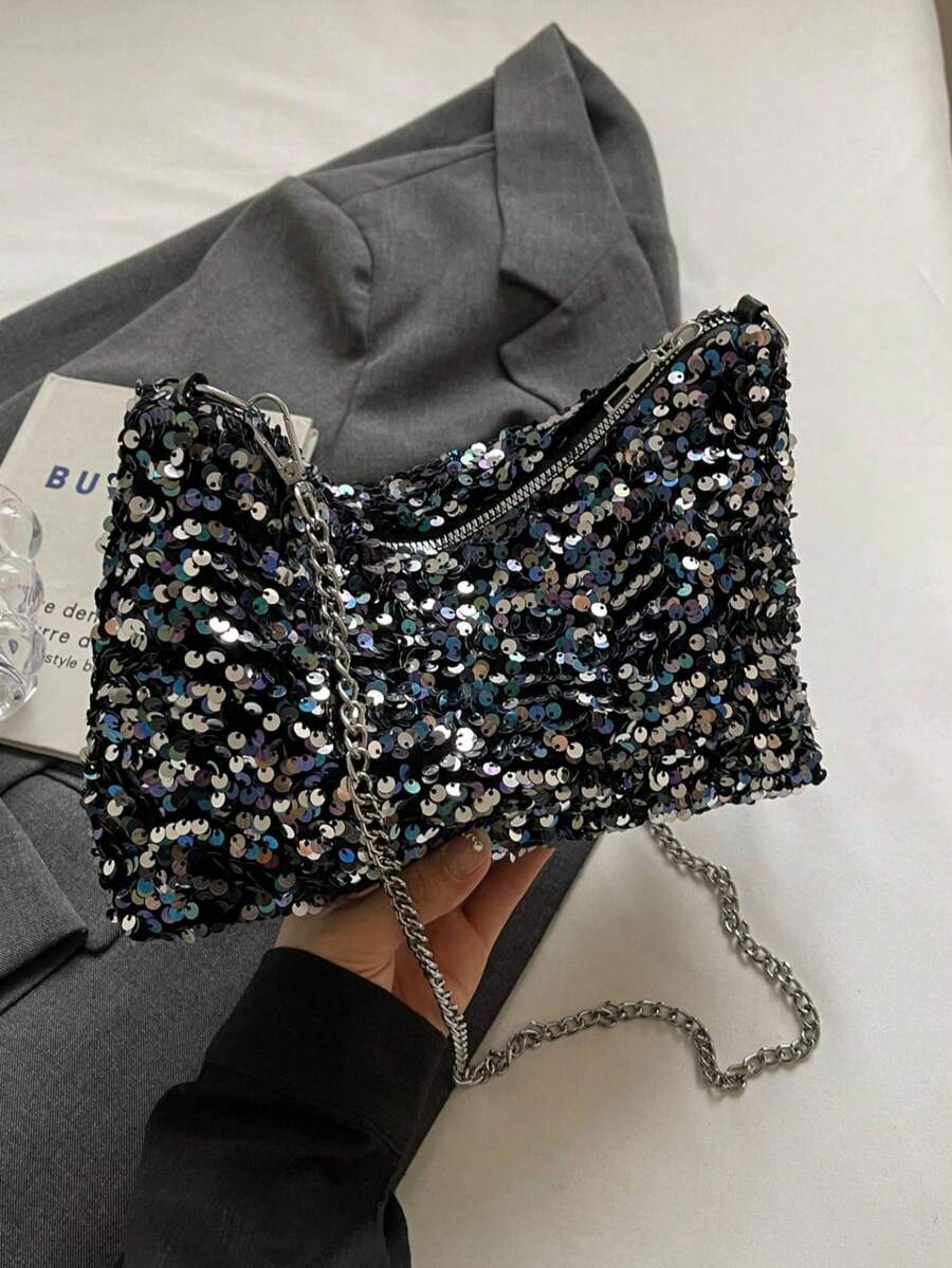 1pc Zipper Closure PVC Sequin Shiny Underarm Shoulder Bag, Fashion Chain Strap Clutch Purse, Suitable For Women Party, Date, Evening Use - Multicolor - View 1