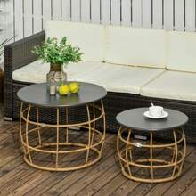 Set Of 2 Side Tables, Coffee Table, Hand-Woven With Tabletop For Garden Or Balcony, Ø46 Ø60 Cm, Sand - Black - View 2