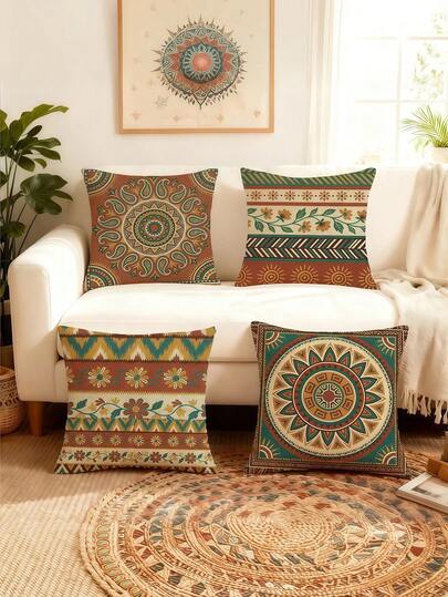 4 buc. Fețe de pernă decorative cu model floral boho | Huse de pernă decorative vintage cu model geometric Mandala, fețe de pernă sezoniere de primăvară/vară tip casă, pentru canapea de verandă, sufragerie, fără inserții de pernă, poliester, închidere cu fermoar