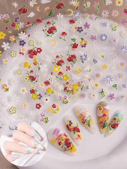 Pegatinas de uñas con flores de primavera, diseño 5D en relieve de pintura al óleo exquisita con flores silvestres, uñas acrílicas de larga duración, suministros de arte de uñas DIY, regalos de belleza para mujeres