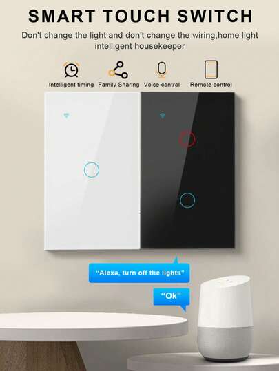 1 PC US Standard Smart Touch Switch With Tempered Glass Panel, Requires Neutral Wire, DS-121 High Power 600W Per Gang WiFi & Bluetooth Wall Switch, 1/2/3/4 Gang White Black, Works With Alexa Tuya Yandex Alice Tmall Genie, APP Remote Voice Control Timer Family Sharing, For Home Hotel Lighting