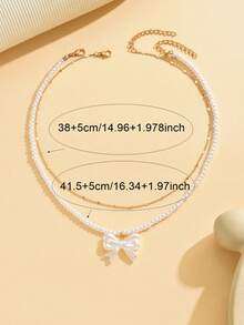 2pcs Gentle & Cute White Bow Faux Pearl Beaded Chain Necklace, Suitable For Teenagers Daily, Party, And Casual Wear - White - View 4