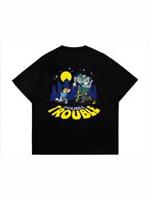Men's Minimalist Tom & Jerry Graphic Print Round Neck Short Sleeve T-Shirt, Summer - Black - View 1