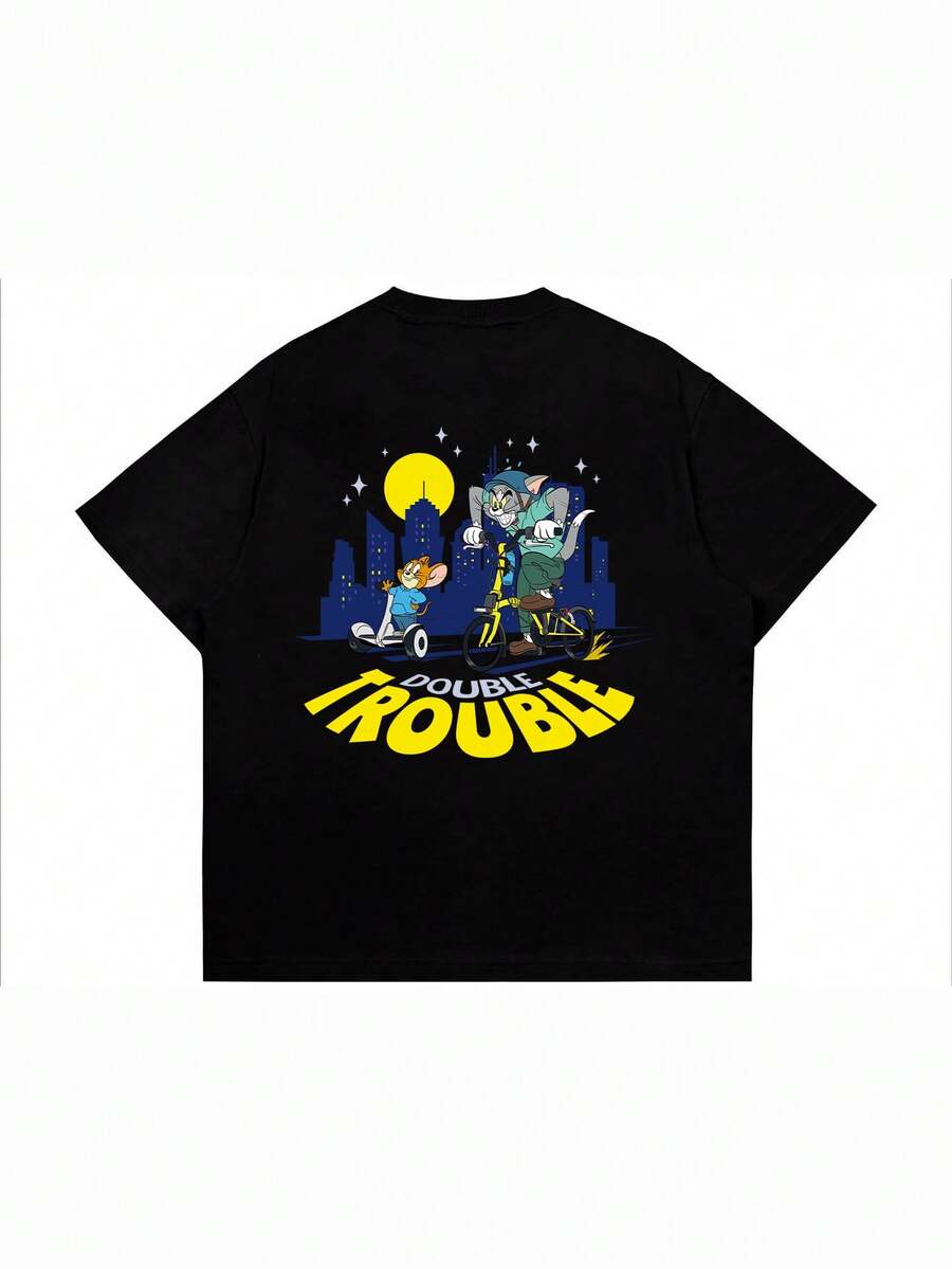 Men's Minimalist Tom & Jerry Graphic Print Round Neck Short Sleeve T-Shirt, Summer - Black - View 1