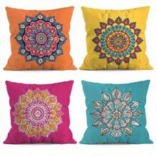 Bộ 4 vỏ gối trang trí họa tiết Mandala màu xanh dương, hồng san hô, vàng mù tạt và cam đậm - kích thước 17.7*17.7 inch, in một mặt, thích hợp cho phòng khách, hiên nhà, văn phòng, xe hơi, có khóa kéo và có thể giặt máy, không bao gồm ruột gối. - Nhiều màu - Xem 12
