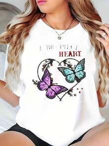 Women Butterfly Heart Print Fashion T Shirt White Casual Wear - White - View 1