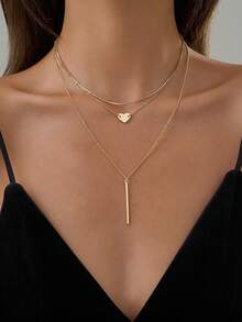 Set de 3 collares de mujer de estilo minimalista - Colgante de corazón + barra, collar multicapa, diseño de lujo delicado - Amarillo Oro - Ver 6