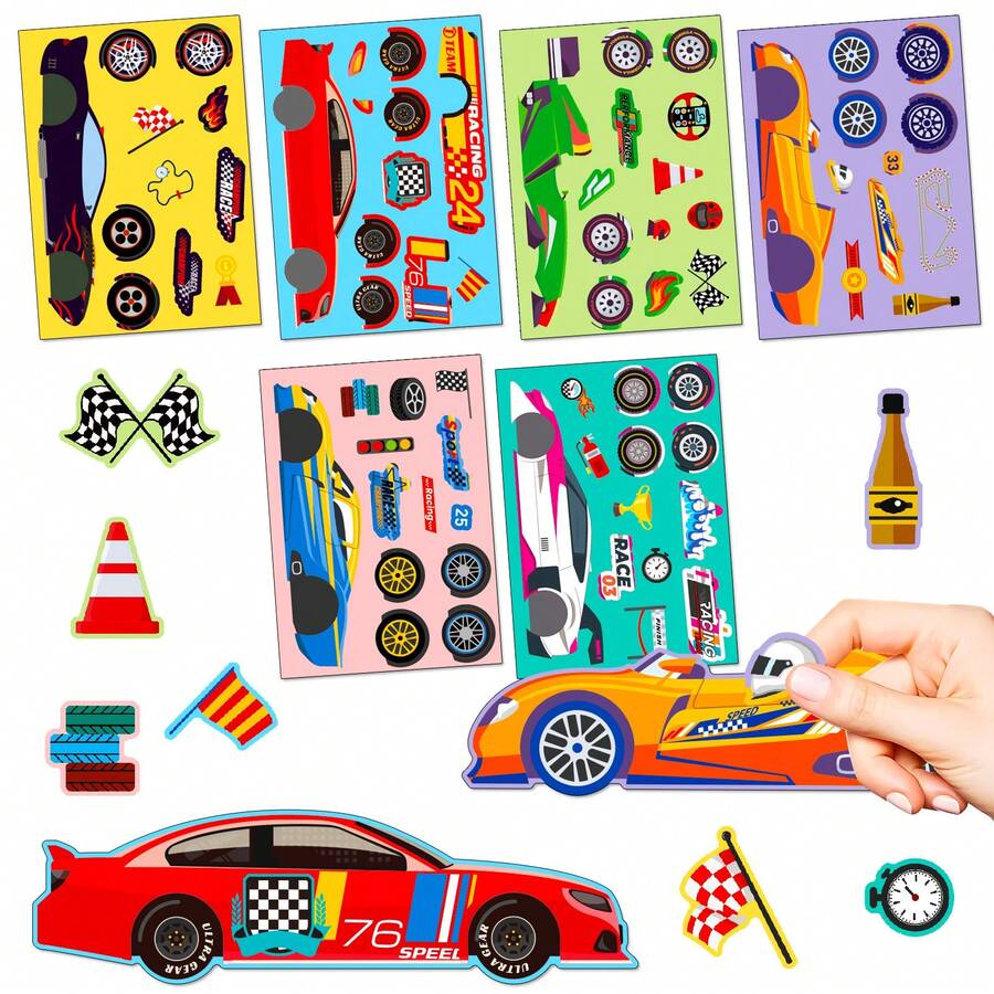 6 Sheets DIY Car Stickers For Teens, 6 Cartoon Racing Car Designs, Expression Sticker Making, Party Favor Stickers, Notebook And Planner Decor - Multicolor - View 1
