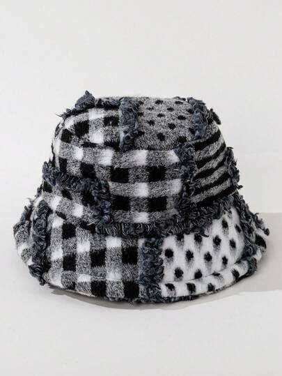 1顶Y2K风格黑白格子羊毛帽，复古修身款，保暖百搭，适合秋冬季节，男女皆宜，日常佩戴