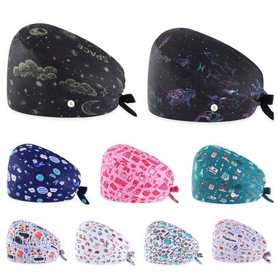 A Stylish Drawstring Nurse Cap, Work Cap, Surgical Cap, Women's Surgical Cap, Men's Surgical Cap, Nursing Accessory. Features A Built-In Sweat-Absorbing Towel For Breathability And Absorbency. Made Of Digitally Printed, Slightly Elastic Fabric. Suitable For Doctors, Nurses, Beauty Salon And Veterinary Hospital Workers, And Domestic Service Workers. Starry Sky Print, Cute And Casual Print, Suitable For Colleges, Offices, All Seasons, Polyester Fiber (Polyester).