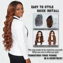 13*4*1 侧分长款波浪棕色酒红色铜红色合成蕾丝前假发，带婴儿绒毛，适合女性日常、派对、假日佩戴，耐热纤维，预先拔毛的自然发际线，蓬松自然，高密度，无需胶水 - 彩色 - 查看 9