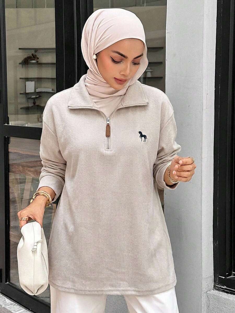 Livesso Pattern Printed Half-Zipper Leisure Sweatshirt,Ladies Spring/Fall Casual Embroidery,Patched,Zipper Long Sleeve Collar Regular Fit Regular Light Grey Viscose Drop Shoulder Half Placket Women Hoodies,Long Sleeve Tops - Light Grey - View 1