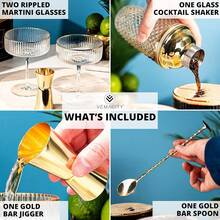 - Luxury Gold Cocktail Shaker Set - 15oz Glass Shaker With Strainer + 2 Gold-Rim Ribbed Martini Glasses (10oz) & Bar Tools | Espresso Martini Glasses | Ideal For Home Bartenders - GoldCocktailShaker+RibbedCoupeGlasses - View 3