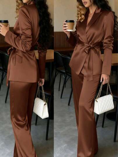 女式两件套西装套装，纯色休闲优雅腰带仿口袋设计，适合正式场合、约会、秋冬