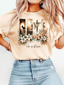 Easter Gift Women's Elegant Style Short Sleeve Easter Religious Theme Printed Pattern Round Neck Women's Comfortable Soft Breathable New Spring Summer T-Shirt Gift, Fashionable Commuting Vacation Daily Versatile Retro Casual Style Top New Casual T-Shirts For Men And Women 2026 - 杏色 - 查看 7