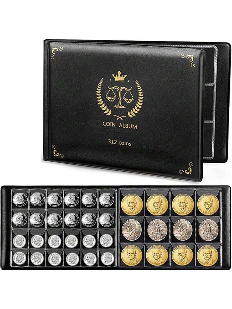 312 Pockets Thick PVC Coin Collection Album, Large Capacity Coin Storage Photo Album - Black - View 1