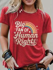 "Human Rights Ally" Rainbow Pride Vintage Tee | Retro Typography Graphic Shirt For LGBTQ+ Supporters & Activists | Unisex Streetwear, Soft Cotton Casual Top - 紅色 - 查看 2