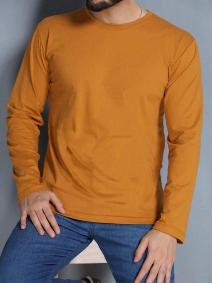 Men's Long Sleeve T-Shirt, Simple, Basic, Cotton, Sizes P, M, G, GG, G1, G2, G3 - Mustard Yellow - View 1