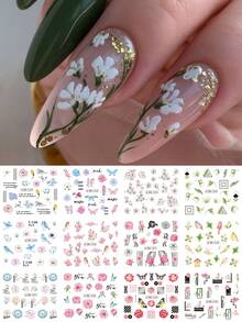 12pcs/Sheet Pink, Blue, Green Floral Water Decals, Spring Nail Art Stickers With Sakura, Peony, Hibiscus, Butterfly, Bird Patterns Nails - Multicolor - View 2