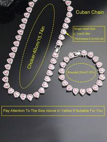 2pcs Set Attractive Light Pink Heart Shaped Cuban Link Necklace & Bracelet Set, Unisex, Hip Hop Style, Luxury Jewelry Set, Great Gift For Valentine's Day, Birthday, Christmas - Heart Shape - View 11