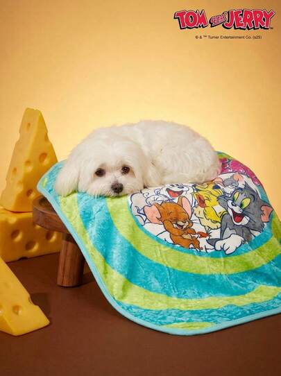 TOM & JERRY X PETSIN 1 件可爱猫狗笑字母印花宠物毯蓝色补丁黄色秋冬厚法兰绒保暖猫和老鼠品牌毯子