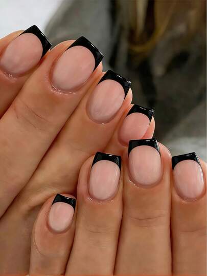 Add A Touch Of Romance With 24pcs Short Square Press On Nails Minimalism Pink Nails Black French Tip Nails Full Coverage Fake Nail Tips For Women And Girls Includes 1sheet Adhesive Tabs & 1pc Mini File Suitable For Party Office Daily Wear False Nails Jelly Glue Is Randomly Shipped Nail Supplies