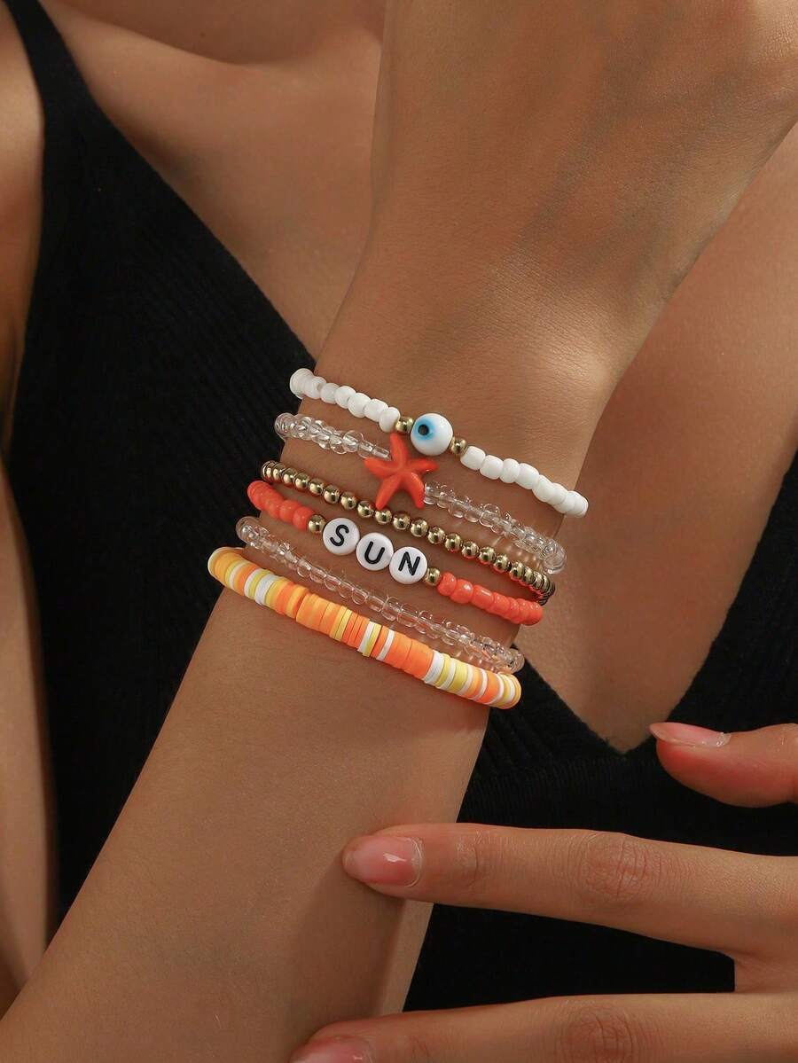 6件套休闲度假风仿绿松石海星串珠手链套装，适合女性日常、度假、冲浪等场合佩戴 - 彩色 - 查看 1