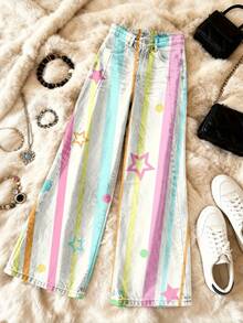 Women'S Vintage 3D Denim-Like Wide-Leg Pants - Pastel Stripes, Stars & Polka Dots Print, High-Waisted Straight Leg Trousers With Beltless Design & Button Closure, Plus Size Friendly For Fall/Winter Casual Outfits (Pink/Yellow/) - No Belt Included - 黑色 - 查看 4