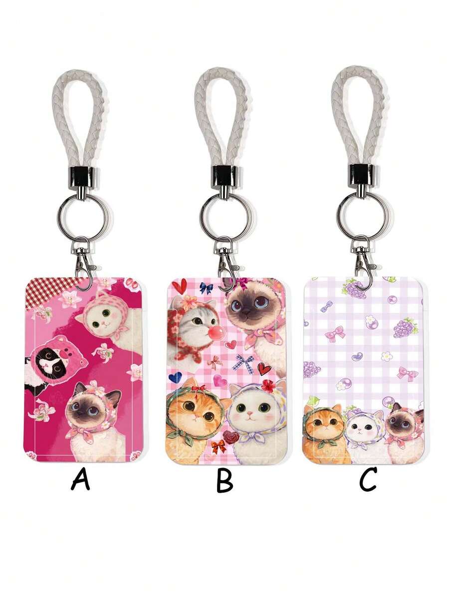 1件装时尚格子发带，带猫咪图案证件卡套、钥匙扣和夹子、蝴蝶手机挂绳、钥匙扣证件架 - 長方形 - 查看 1