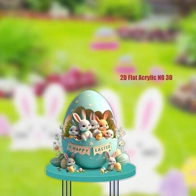 Colorful Easter Egg Cup With Cute Rabbit Acrylic Outdoor Garden Sculpture Lawn Decor