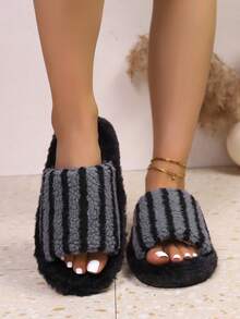 Damen Überkreuz Offene Zehe Flauschige Hausschuhe, Bequeme Innen-/Außen Rutschfeste Hausschuhe, Plüsch Paar Hausschuhe, Modisches Design - Schwarz - Übersicht 2