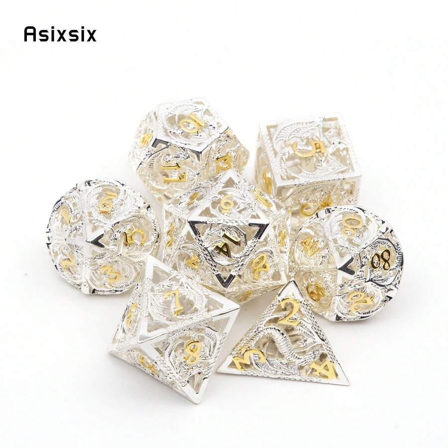 Asixsix 7 Pcs White Golden Dragon Metal Dice Hollow Metal Polyhedral Dice Set Suitable For Role-Playing RPG Board Game Card Game - Apricot - View 1