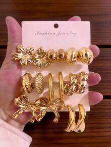[1-8 Pairs] Sweet Girl Earring Set, Includes Bowknot, Flower, Metal Hoop Styles, Suitable For All Skin Tones, Women Can Directly Purchase - Gold - View 7