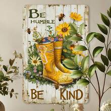 1 pieza Letrero de metal vintage y rústico, diseño de abeja y flores con botas de jardín y cita inspiradora "Humilde, amable", 8x12 pulgadas, decoración de pared, apto para hogar, cafetería, bar, garaje - Texto en inglés, multiusos - A - Ver 2