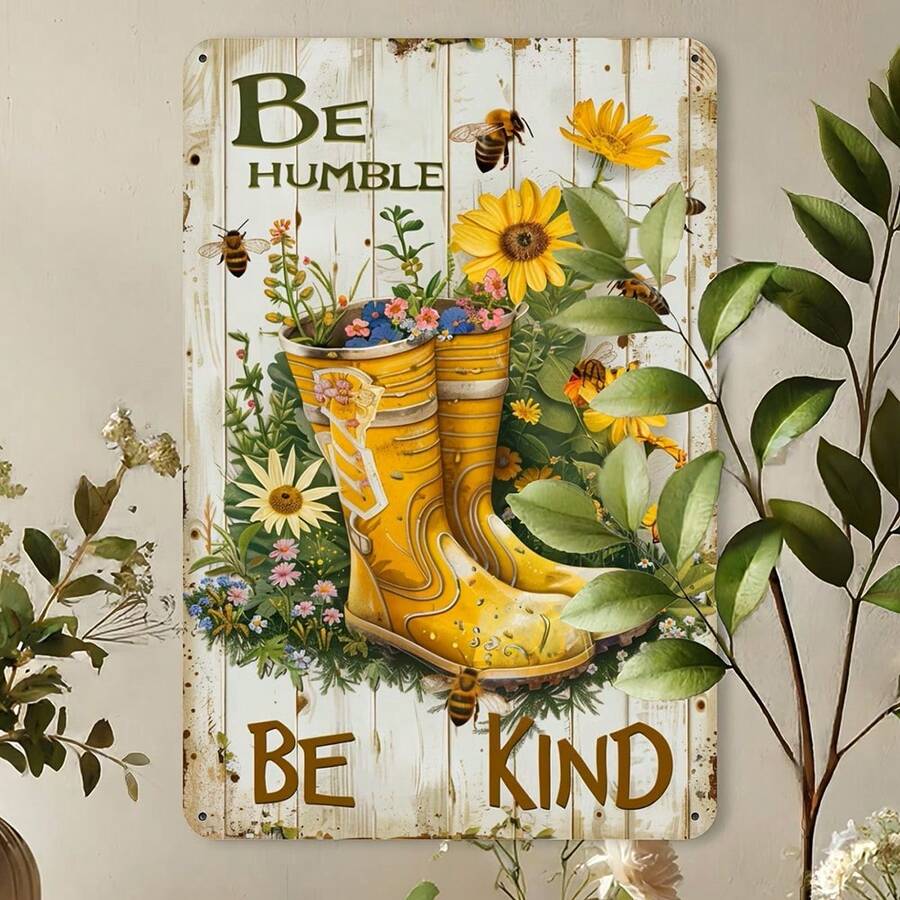 1 pieza Letrero de metal vintage y rústico, diseño de abeja y flores con botas de jardín y cita inspiradora "Humilde, amable", 8x12 pulgadas, decoración de pared, apto para hogar, cafetería, bar, garaje - Texto en inglés, multiusos