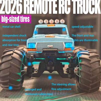 Alloy-Shelled Remote Control Off-Road Vehicle, Equipped With 3 Adjustable Speed Gears, Large-Sized Widened And Thickened Rubber Tires, Built-In Independent Shock Absorbers For Front And Rear Wheels, Buffer Chassis With Constant Speed Cruise, White Headlights And Red Taillights