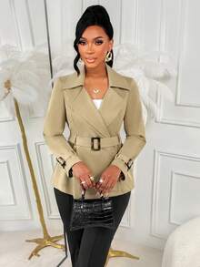 AIJ Amarilo 女士卡其色风衣式双排扣束腰西装外套 – 理想的春季女装、夏季工作服和日常通勤装 - 淺卡其色 - 查看 3