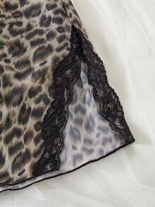 两件套女士豹纹条纹蕾丝拼接露背薄纱睡裙，V领性感娃娃衫，侧开衩睡裙，性感丁字裤，浪漫性感内衣 - 摩卡棕 - 查看 11