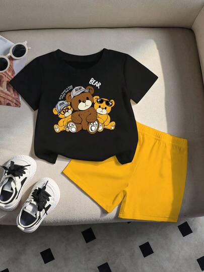 2pcs/Set Toddler Cartoon Bear Print Round Neck Short Sleeve Black T-Shirt And Yellow Shorts Casual Outfit