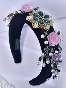 1pc Rhinestone & Pearl Flower Headband, Retro Style For Women, Suitable For Bride, Wedding, Engagement, Date, Casual, Holiday, Party, Celebration - Multicolor - View 7