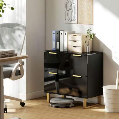 HOMCOM 2 Drawer File Cabinet, Modern Lateral Filing Cabinet With Adjustable Rails For Letter/A4/Legal Size Files, Gold Handles And Legs, Printer Stand, High Gloss Black