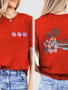 Tropical Paradise Double-Sided Print T-Shirt | Exotic Floral & Palm Tree Design For Beach Lovers | Soft Cotton Blend Vacation & Summer Wear - Đỏ - Xem 1
