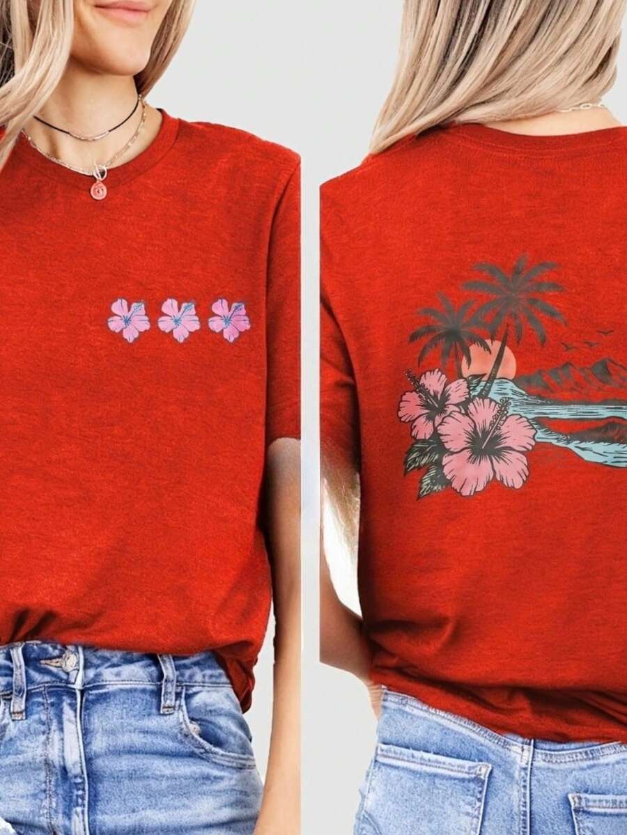 Tropical Paradise Double-Sided Print T-Shirt | Exotic Floral & Palm Tree Design For Beach Lovers | Soft Cotton Blend Vacation & Summer Wear - Đỏ - Xem 1