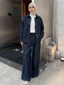 Livesso Spring/Summer Tie-Up Loose Casual Vacation Style Denim Shirt And Wide Leg Pants Women's Suit - Blue - View 4