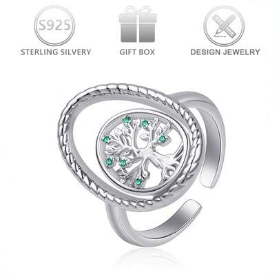 1pc Luxury Hollow Tree Of Life Design Cubic Zirconia Inlaid 925 Silver Open Ring For Women, Suitable For Daily, Party, Valentine's Day & Birthday Gift