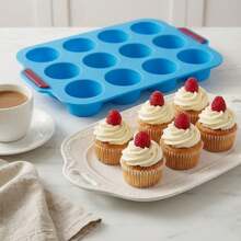 硅胶玛芬/纸杯蛋糕烘焙模具，耐热不粘，易清洗，可重复使用，适用于布丁、果冻、蛋糕、吐司、面包、烤盘、烤箱、烘焙工具 - 藍色 - 查看 14