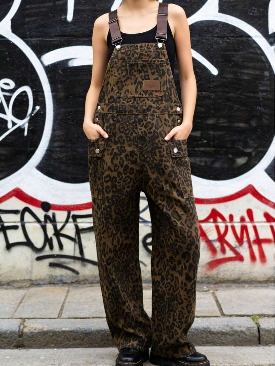 Women's Retro Leopard Print Loose Denim Overalls, Stylish Wide-Leg Pants With Multiple Pockets - 卡其色 - 查看 1