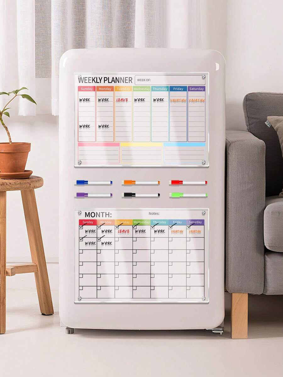 1块彩色3D A4尺寸计划板（含6支磁性白板笔），可用作周/月计划表、膳食计划表、可重复使用的亚克力干擦板、软木板、钉板、愿景板 - 亞克力板 - 查看 1