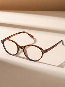 1 Pair Unisex Leopard Print Oval Frame Clear Lens Glasses, Campus Style Face-Flattering Glasses Suitable For Daily Life, Office, TV Watching, Gaming, Mobile Phone Decoration - Tofu Pudding - View 2